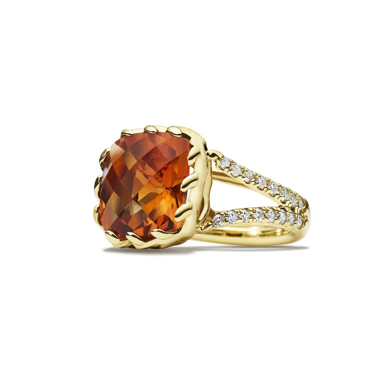 CUSHION SHAPE CITRINE CROWN RING - 18K YELLOW GOLD WITH DIAMONDS