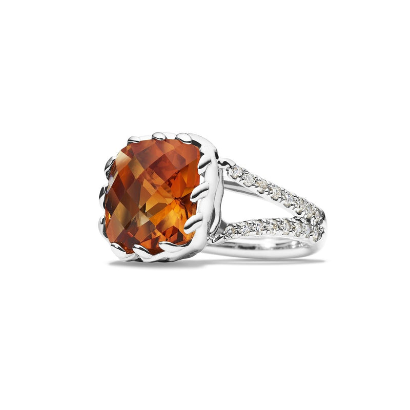 STERLING SILVER WITH DIAMONDS CUSHION SHAPE CITRINE CROWN RING