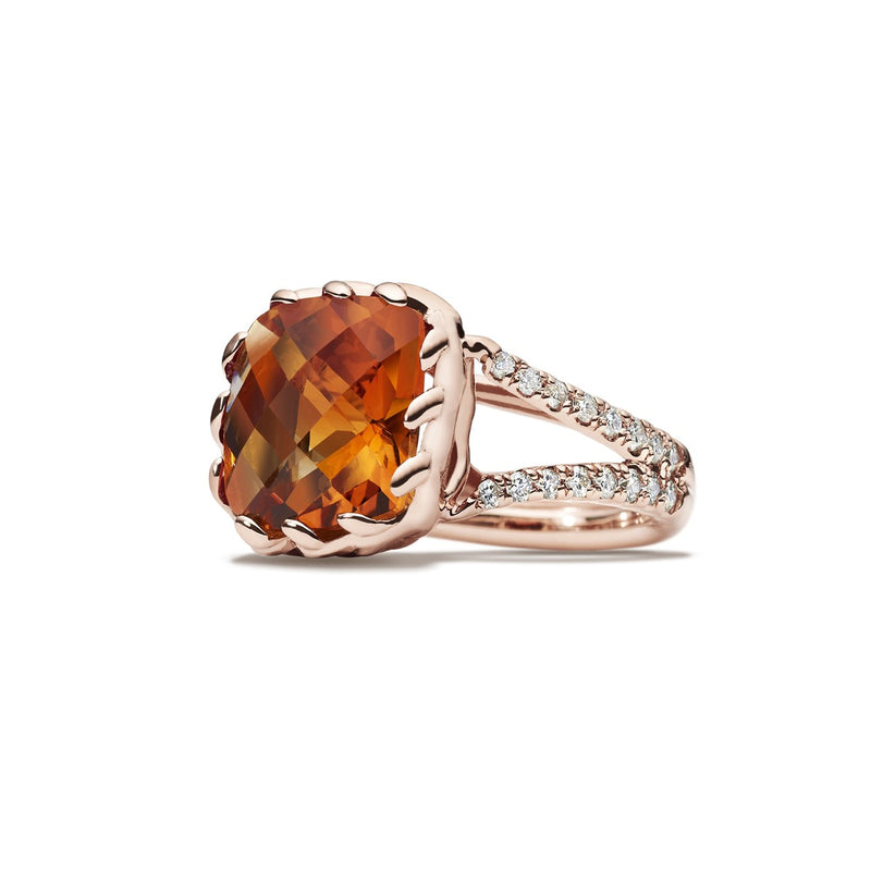 18K ROSE GOLD WITH DIAMONDS CUSHION SHAPE CITRINE CROWN RING