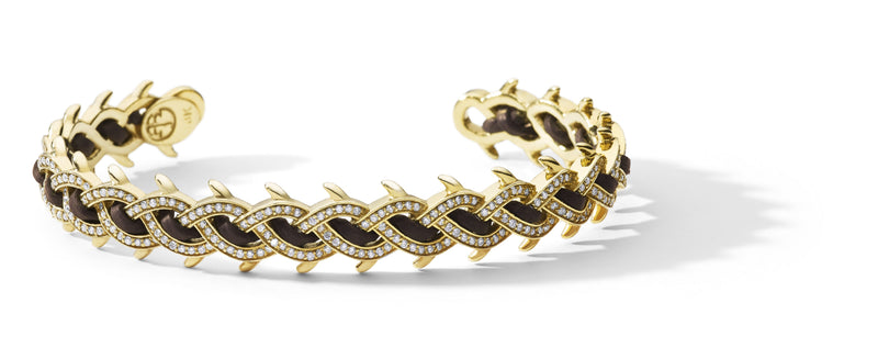 18K YELLOW GOLD CROWN BRACELET CUFF - WITH DIAMONDS + BROWN LEATHER - 11MM, TDW 2.75 CT