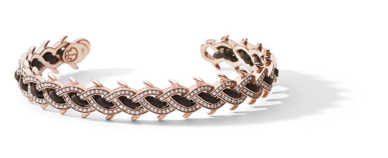 18K ROSE GOLD CROWN BRACELET CUFF - WITH DIAMONDS + BROWN LEATHER - 11MM, TDW 2.75 CT