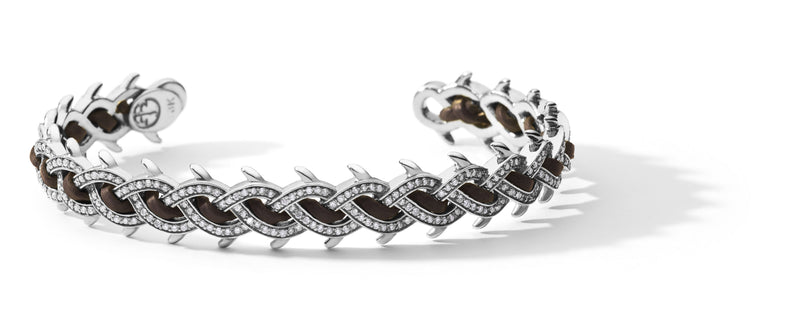18K WHITE GOLD CROWN BRACELET CUFF - WITH DIAMONDS + BROWN LEATHER - 11MM, TDW 2.75 CT
