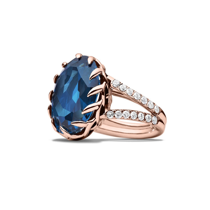 OVAL SHAPE BLUE TOPAZ CROWN RING - 18K ROSE GOLD WITH DIAMONDS