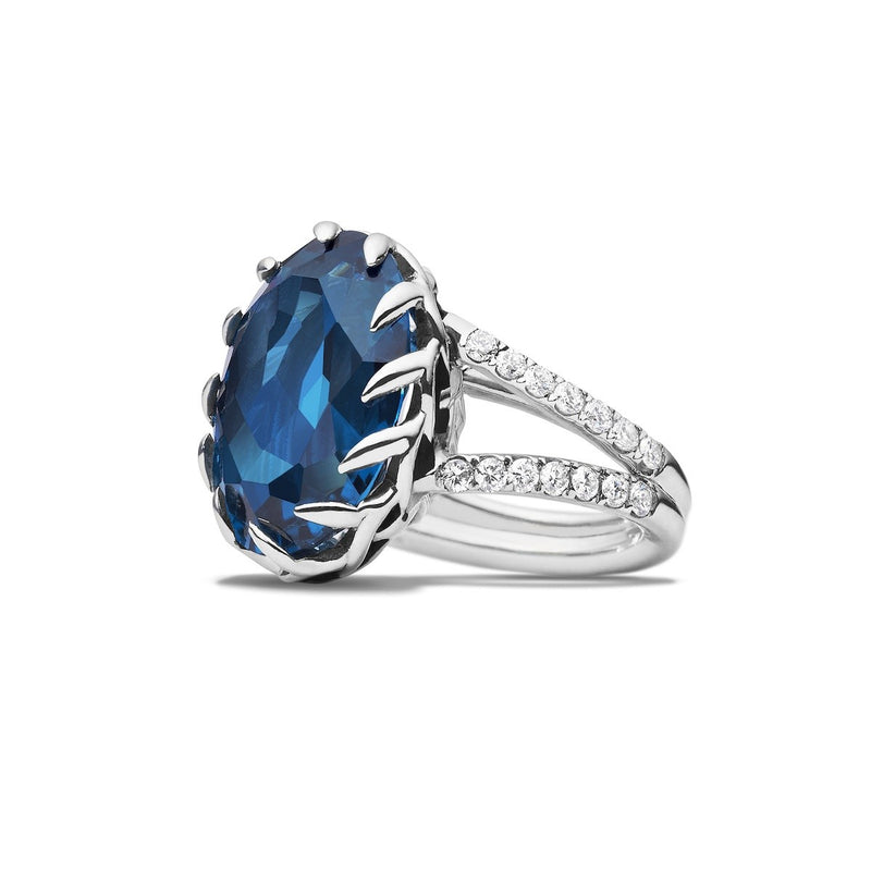 OVAL SHAPE BLUE TOPAZ CROWN RING - 18K WHITE GOLD WITH DIAMONDS